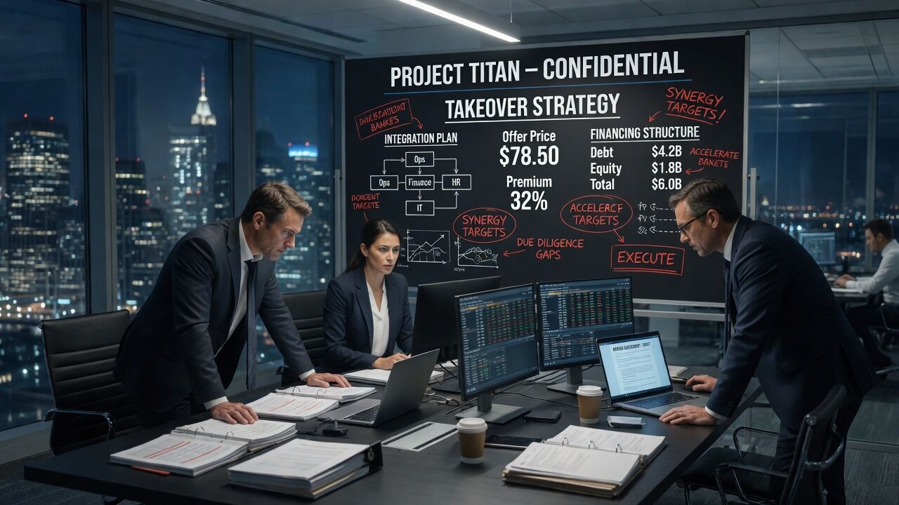 A deal team reviewing transaction terms late at night