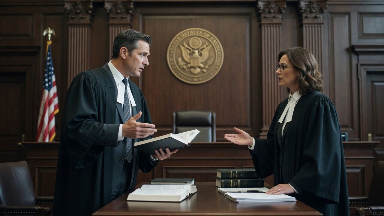 Counsel conferring at the bar table before a judge